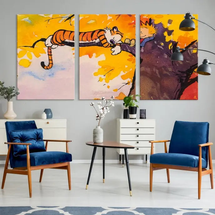 The Cartoon Wall Art Calvin and Hobbes Canvas Print features a boy and a tiger lounging on a tree branch amidst vibrant autumn leaves. Crafted on museum-quality canvases with UV-protective coating, this artwork elevates any room.