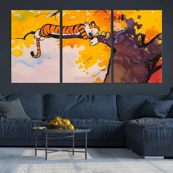 The Cartoon Wall Art Calvin and Hobbes Canvas Print features a boy and a tiger lounging on a tree branch amidst vibrant autumn leaves. Crafted on museum-quality canvases with UV-protective coating, this artwork elevates any room.