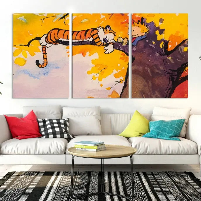 The Cartoon Wall Art Calvin and Hobbes Canvas Print features a boy and a tiger lounging on a tree branch amidst vibrant autumn leaves. Crafted on museum-quality canvases with UV-protective coating, this artwork elevates any room.