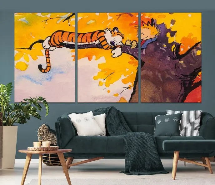 The Cartoon Wall Art Calvin and Hobbes Canvas Print features a boy and a tiger lounging on a tree branch amidst vibrant autumn leaves. Crafted on museum-quality canvases with UV-protective coating, this artwork elevates any room.