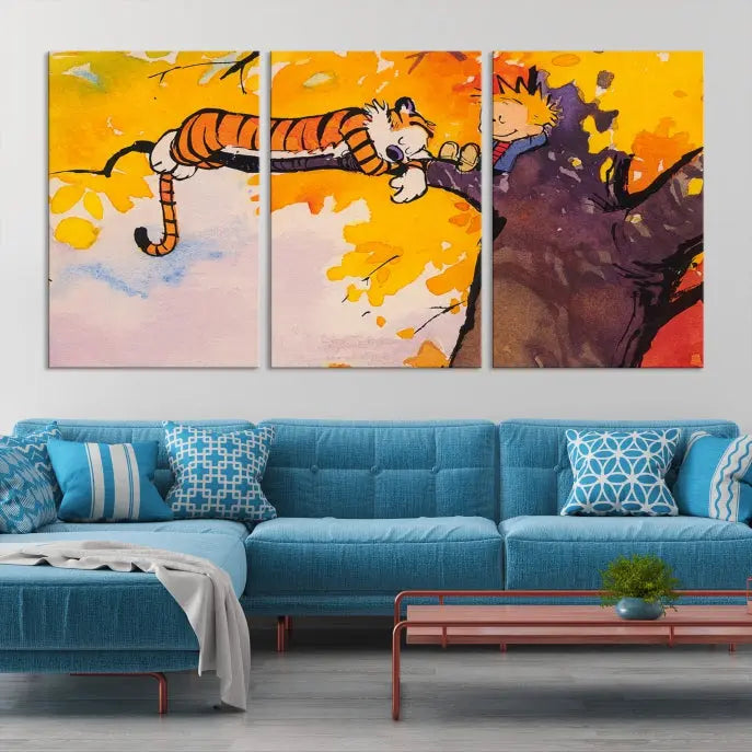 The Cartoon Wall Art Calvin and Hobbes Canvas Print features a boy and a tiger lounging on a tree branch amidst vibrant autumn leaves. Crafted on museum-quality canvases with UV-protective coating, this artwork elevates any room.