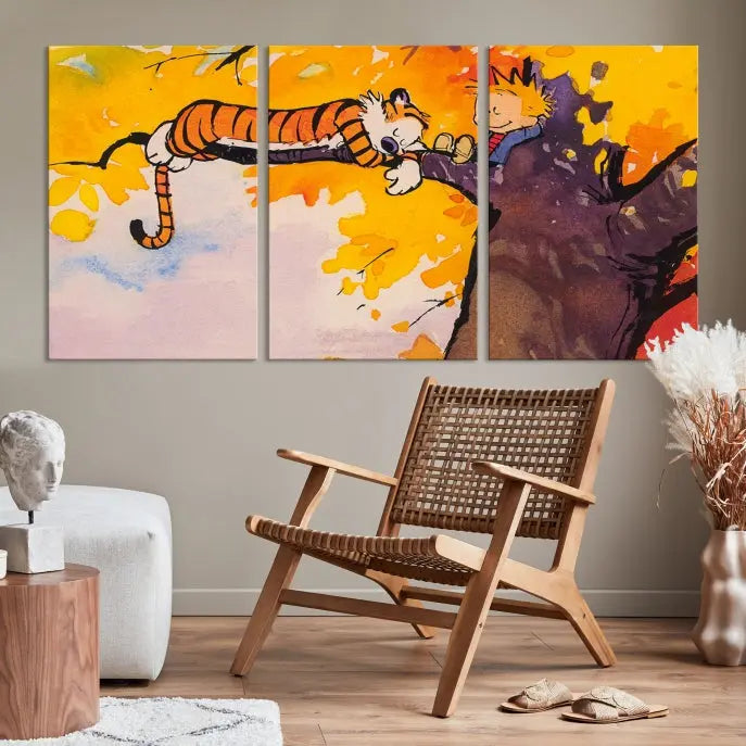 The Cartoon Wall Art Calvin and Hobbes Canvas Print features a boy and a tiger lounging on a tree branch amidst vibrant autumn leaves. Crafted on museum-quality canvases with UV-protective coating, this artwork elevates any room.