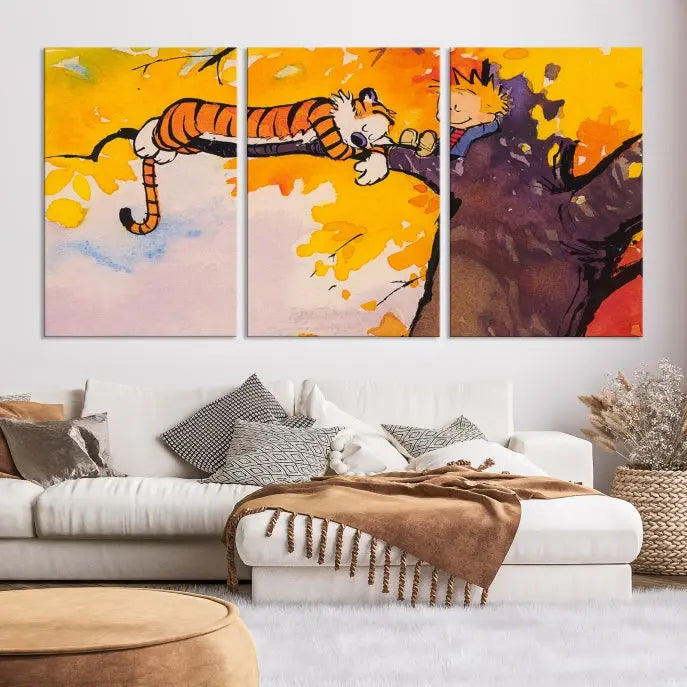 The Cartoon Wall Art Calvin and Hobbes Canvas Print features a boy and a tiger lounging on a tree branch amidst vibrant autumn leaves. Crafted on museum-quality canvases with UV-protective coating, this artwork elevates any room.