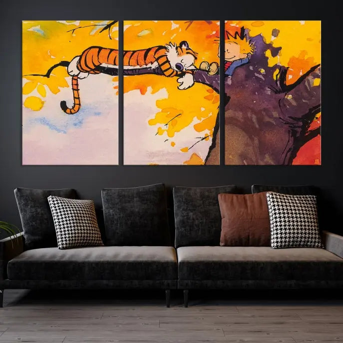 The Cartoon Wall Art Calvin and Hobbes Canvas Print features a boy and a tiger lounging on a tree branch amidst vibrant autumn leaves. Crafted on museum-quality canvases with UV-protective coating, this artwork elevates any room.