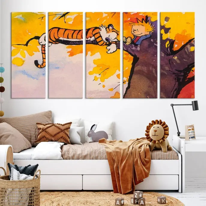 The Cartoon Wall Art Calvin and Hobbes Canvas Print features a boy and a tiger lounging on a tree branch amidst vibrant autumn leaves. Crafted on museum-quality canvases with UV-protective coating, this artwork elevates any room.