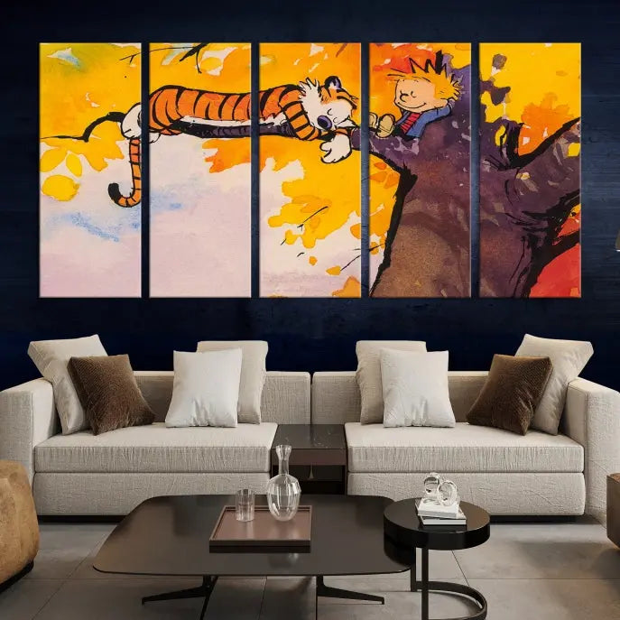 The Cartoon Wall Art Calvin and Hobbes Canvas Print features a boy and a tiger lounging on a tree branch amidst vibrant autumn leaves. Crafted on museum-quality canvases with UV-protective coating, this artwork elevates any room.