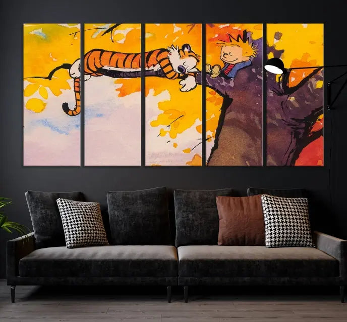 The Cartoon Wall Art Calvin and Hobbes Canvas Print features a boy and a tiger lounging on a tree branch amidst vibrant autumn leaves. Crafted on museum-quality canvases with UV-protective coating, this artwork elevates any room.