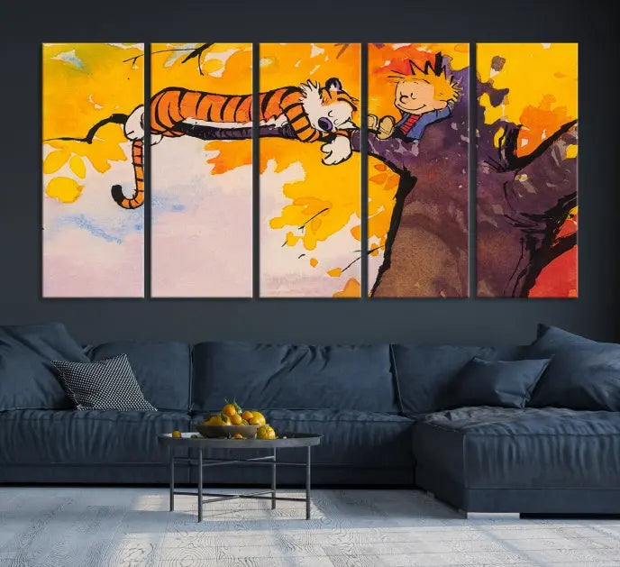 The Cartoon Wall Art Calvin and Hobbes Canvas Print features a boy and a tiger lounging on a tree branch amidst vibrant autumn leaves. Crafted on museum-quality canvases with UV-protective coating, this artwork elevates any room.