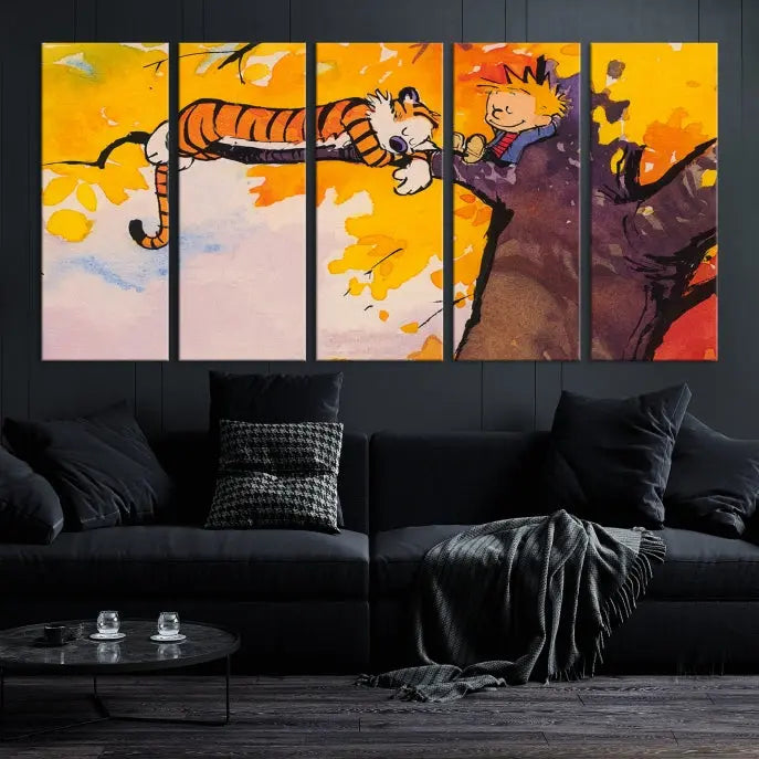 The Cartoon Wall Art Calvin and Hobbes Canvas Print features a boy and a tiger lounging on a tree branch amidst vibrant autumn leaves. Crafted on museum-quality canvases with UV-protective coating, this artwork elevates any room.