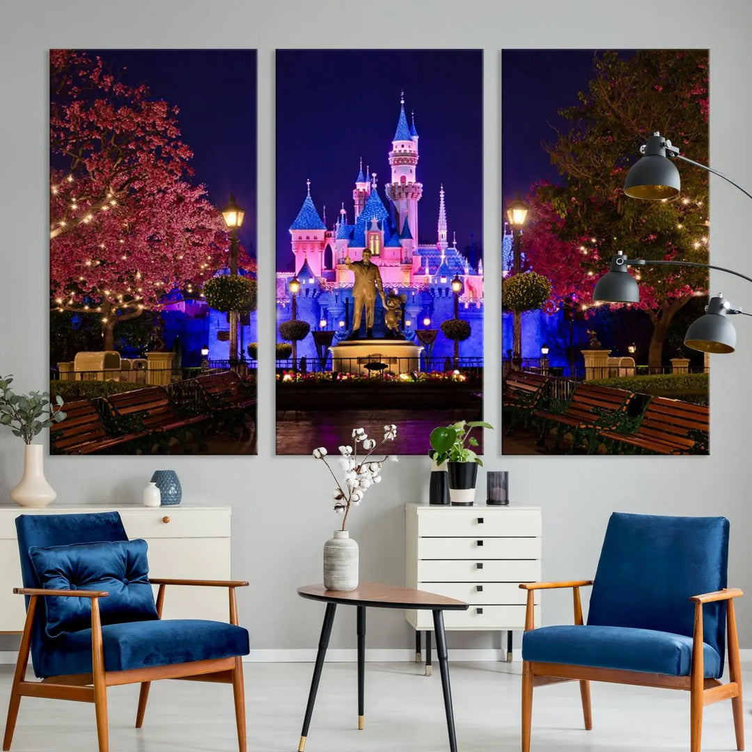 A three-panel giclee canvas print of Disney Magic Kingdom, depicting a lit-up castle nightscape with colorful lights and surrounding trees, is framed and ready to hang. This artwork serves as the perfect holiday decor to transform your space into a breathtaking display.