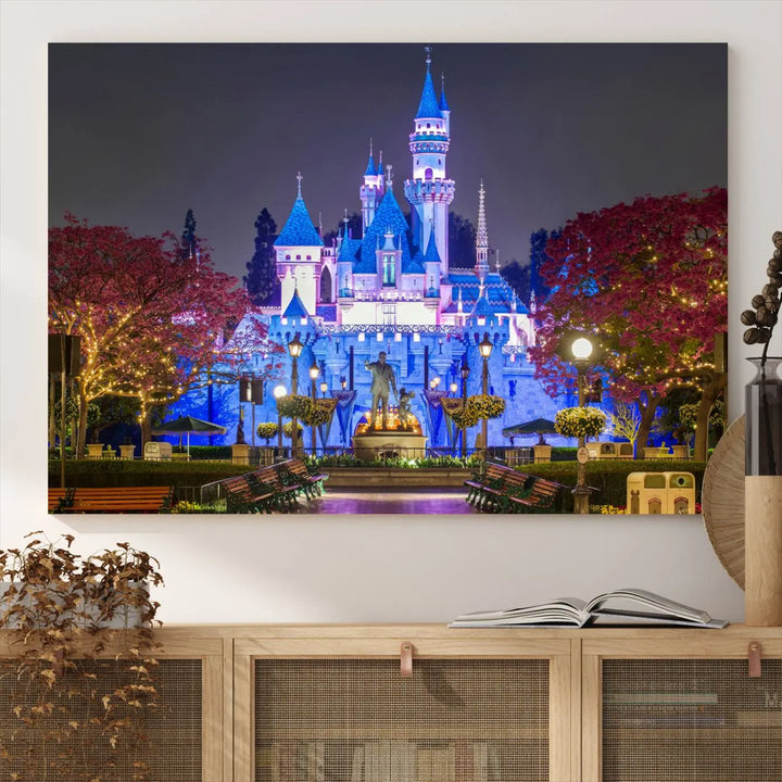 The Large Disney Castle Canvas Print captures a brightly lit castle at night.