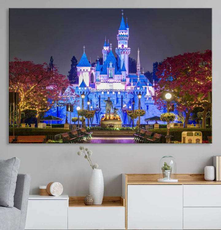 The Large Disney Castle Canvas Print captures a brightly lit castle at night.