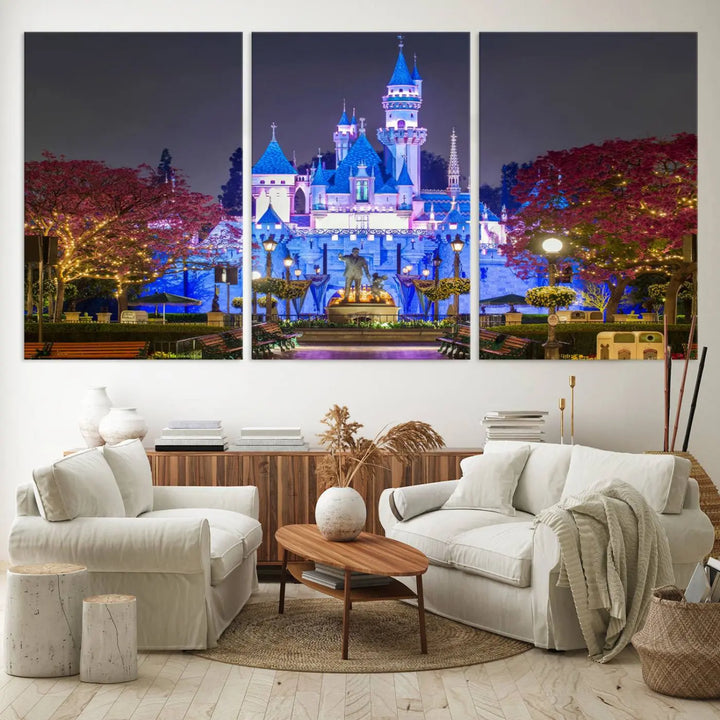 The Large Disney Castle Canvas Print captures a brightly lit castle at night.