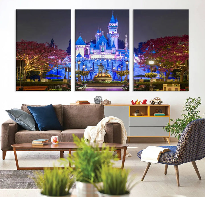 The Large Disney Castle Canvas Print captures a brightly lit castle at night.