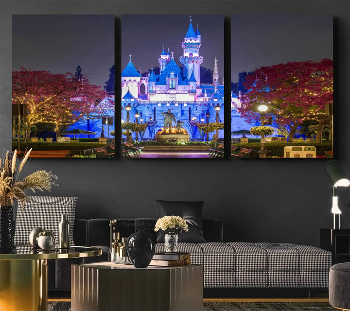 The Large Disney Castle Canvas Print captures a brightly lit castle at night.