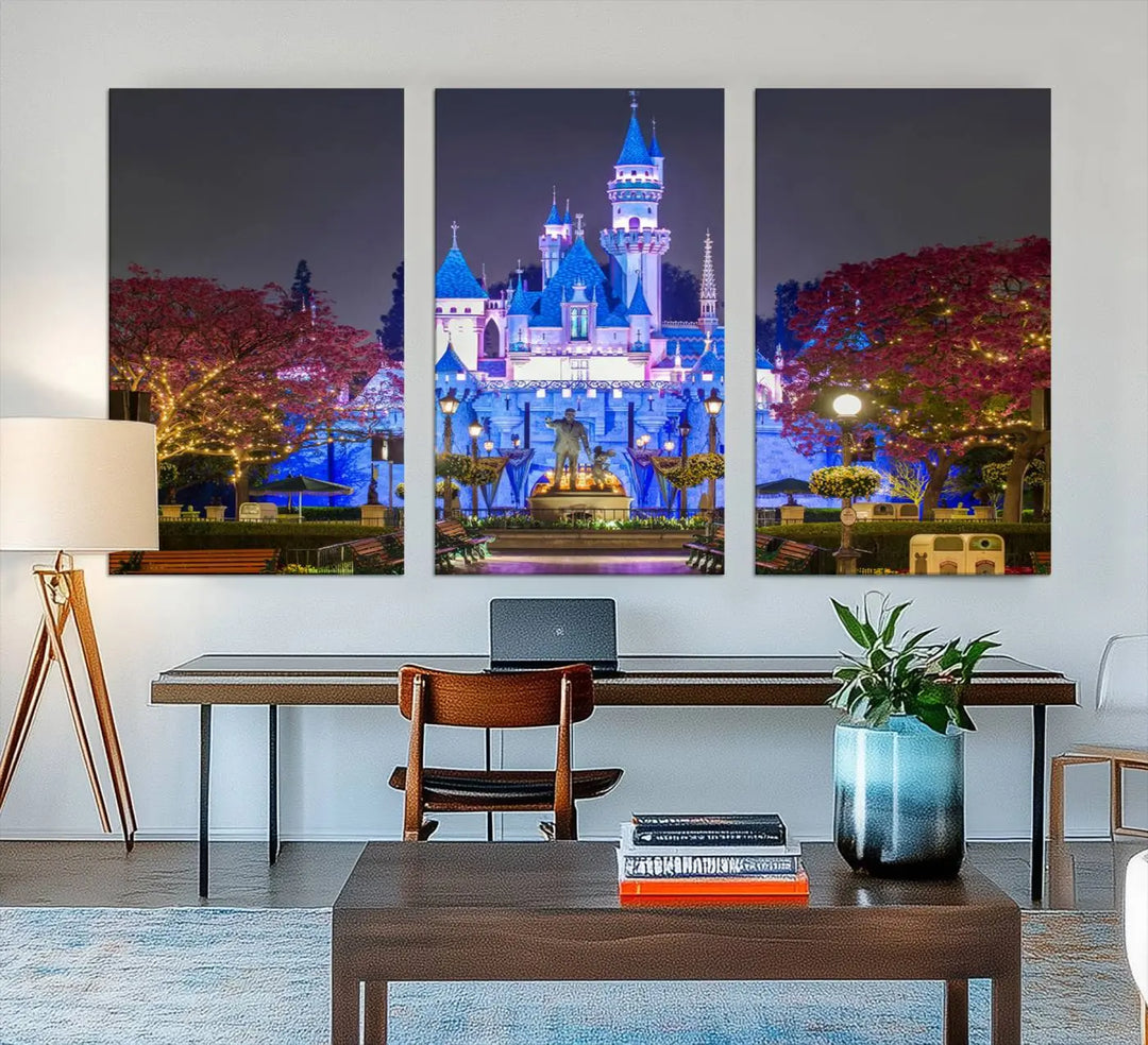 The Large Disney Castle Canvas Print captures a brightly lit castle at night.