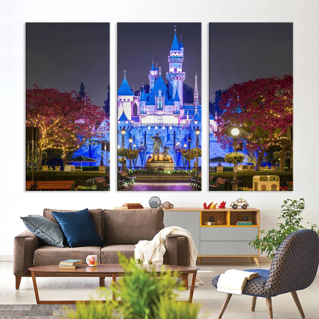 The Large Disney Castle Canvas Print captures a brightly lit castle at night.