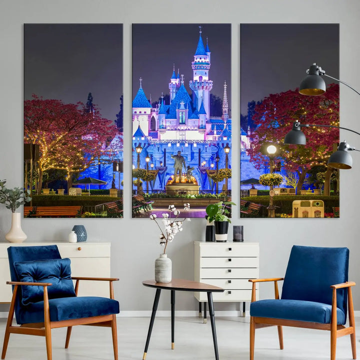 The Large Disney Castle Canvas Print captures a brightly lit castle at night.