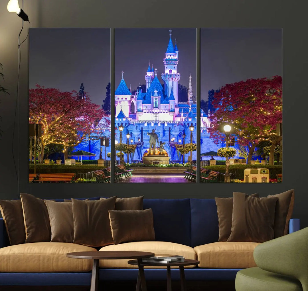 The Large Disney Castle Canvas Print captures a brightly lit castle at night.