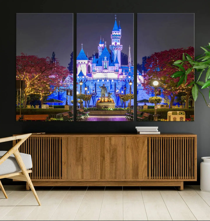 The Large Disney Castle Canvas Print captures a brightly lit castle at night.