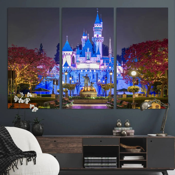 The Large Disney Castle Canvas Print captures a brightly lit castle at night.