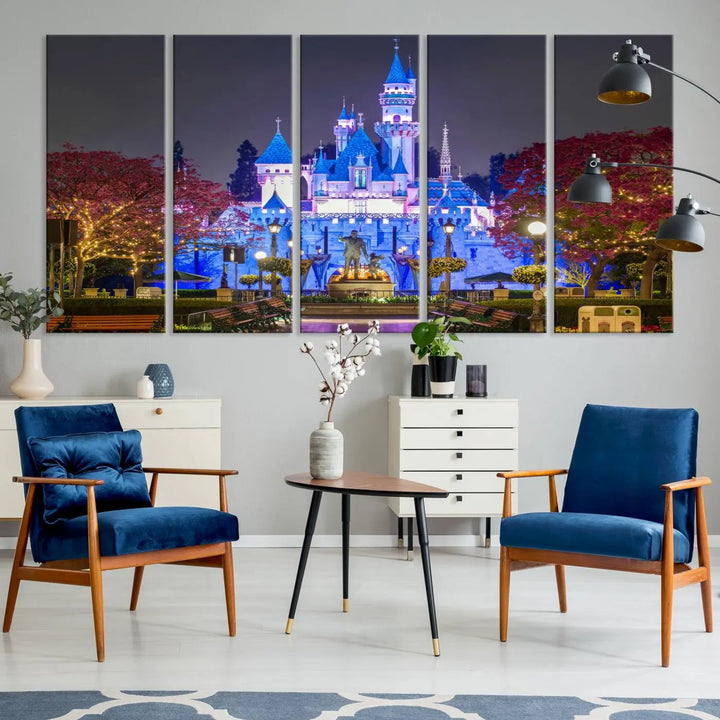 The Large Disney Castle Canvas Print captures a brightly lit castle at night.