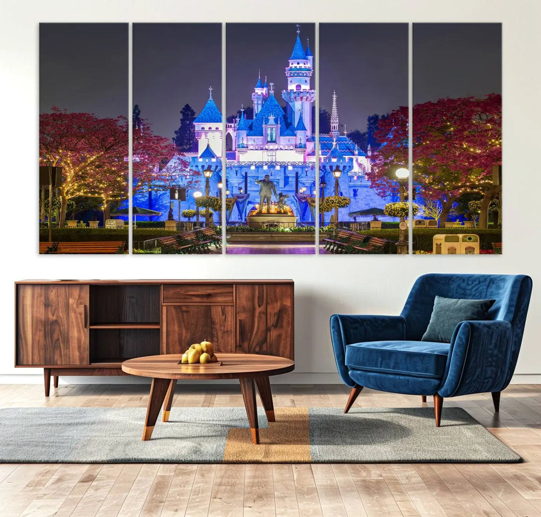 The Large Disney Castle Canvas Print captures a brightly lit castle at night.