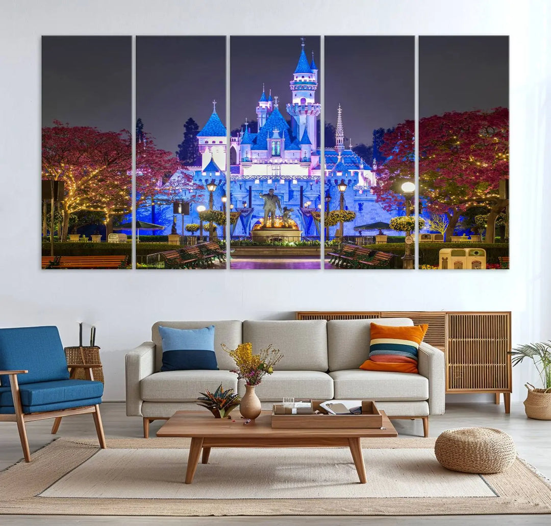 The Large Disney Castle Canvas Print captures a brightly lit castle at night.