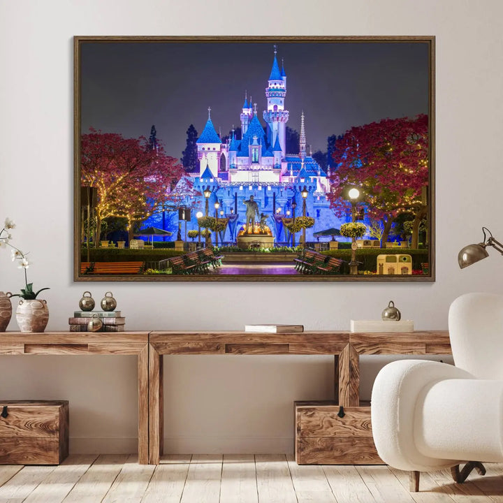 The Large Disney Castle Canvas Print captures a brightly lit castle at night.