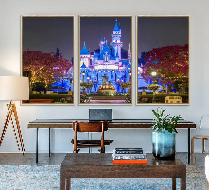 The Large Disney Castle Canvas Print captures a brightly lit castle at night.