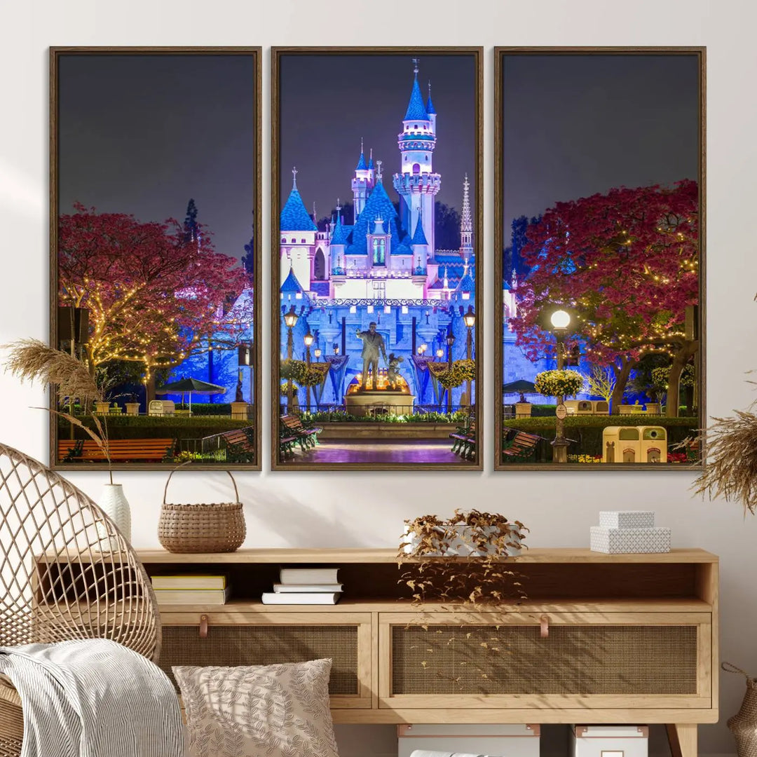 The Large Disney Castle Canvas Print captures a brightly lit castle at night.