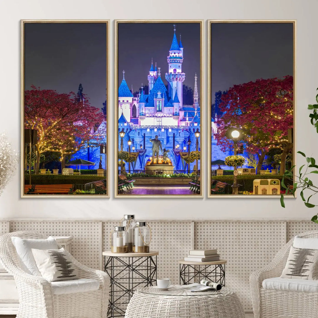 The Large Disney Castle Canvas Print captures a brightly lit castle at night.