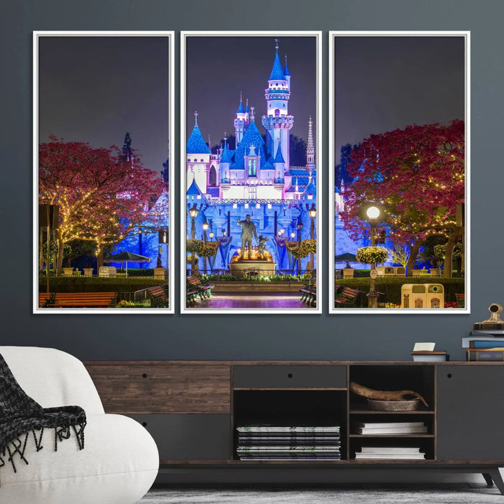 The Large Disney Castle Canvas Print captures a brightly lit castle at night.