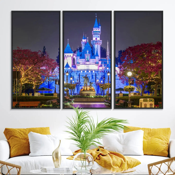 The Large Disney Castle Canvas Print captures a brightly lit castle at night.