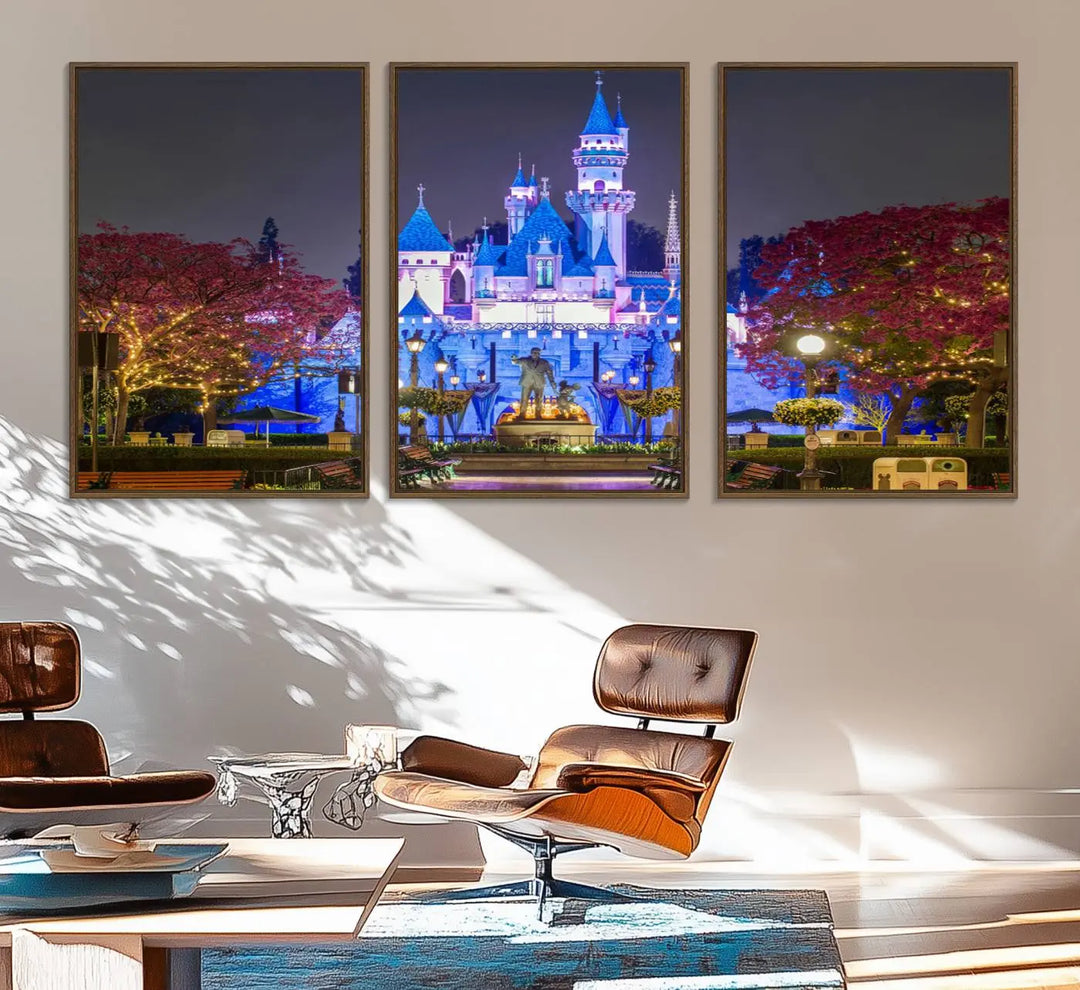 The Large Disney Castle Canvas Print captures a brightly lit castle at night.