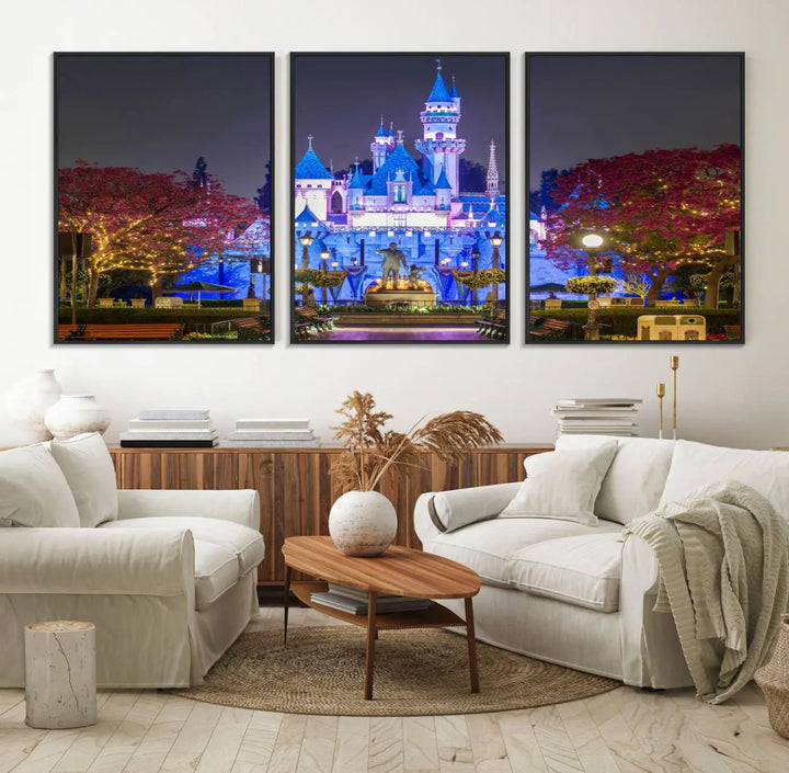 The Large Disney Castle Canvas Print captures a brightly lit castle at night.