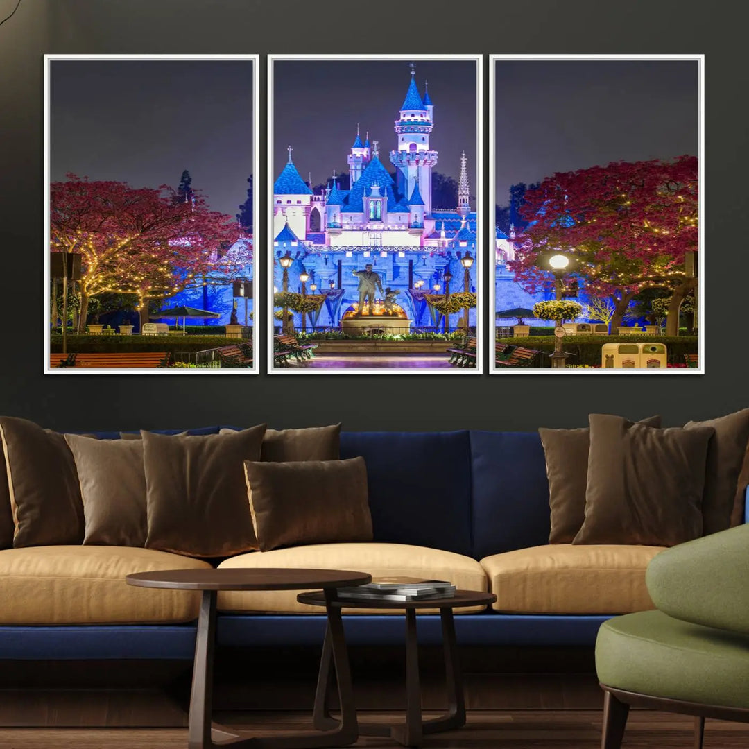 The Large Disney Castle Canvas Print captures a brightly lit castle at night.