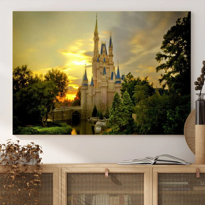 A Castle Wall Art Print of a fairytale castle sunset on canvas is mounted on the wall.