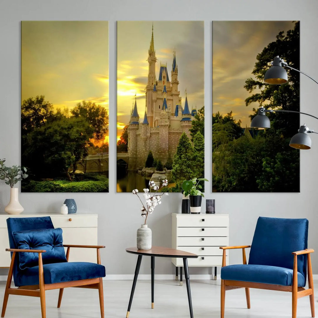 A Castle Wall Art Print of a fairytale castle sunset on canvas is mounted on the wall.