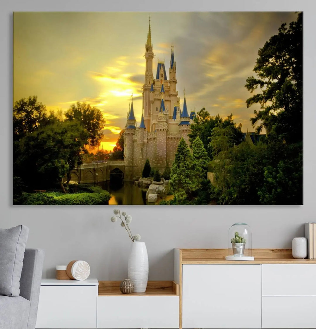 A Castle Wall Art Print of a fairytale castle sunset on canvas is mounted on the wall.