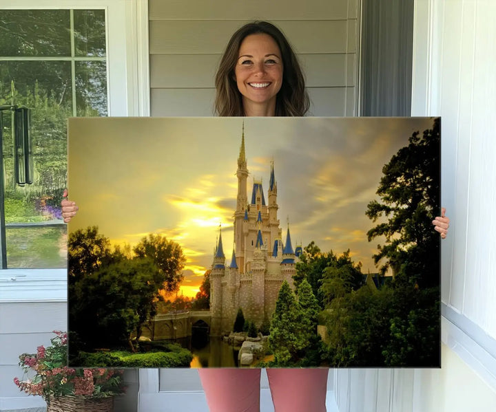 A Castle Wall Art Print of a fairytale castle sunset on canvas is mounted on the wall.