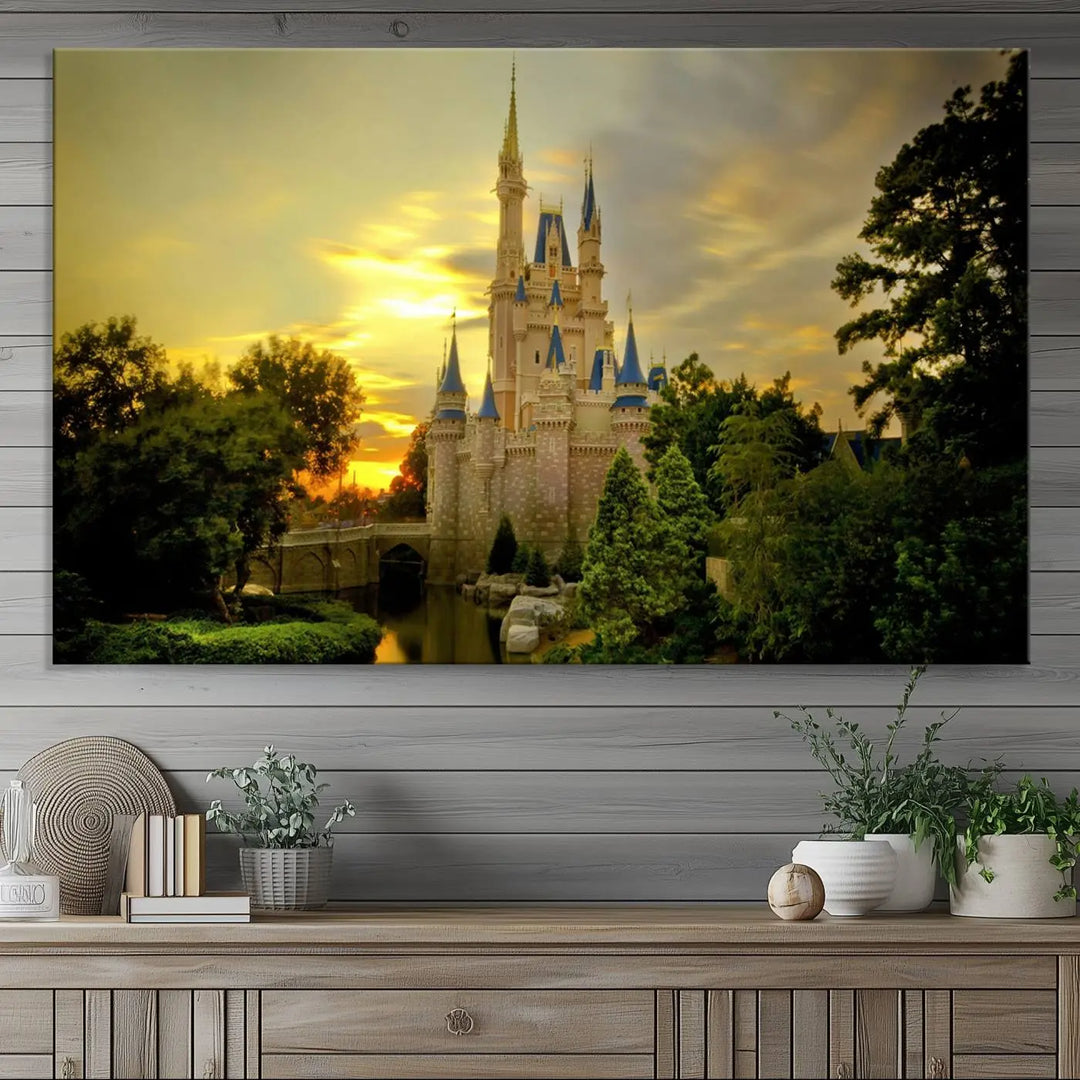 A Castle Wall Art Print of a fairytale castle sunset on canvas is mounted on the wall.