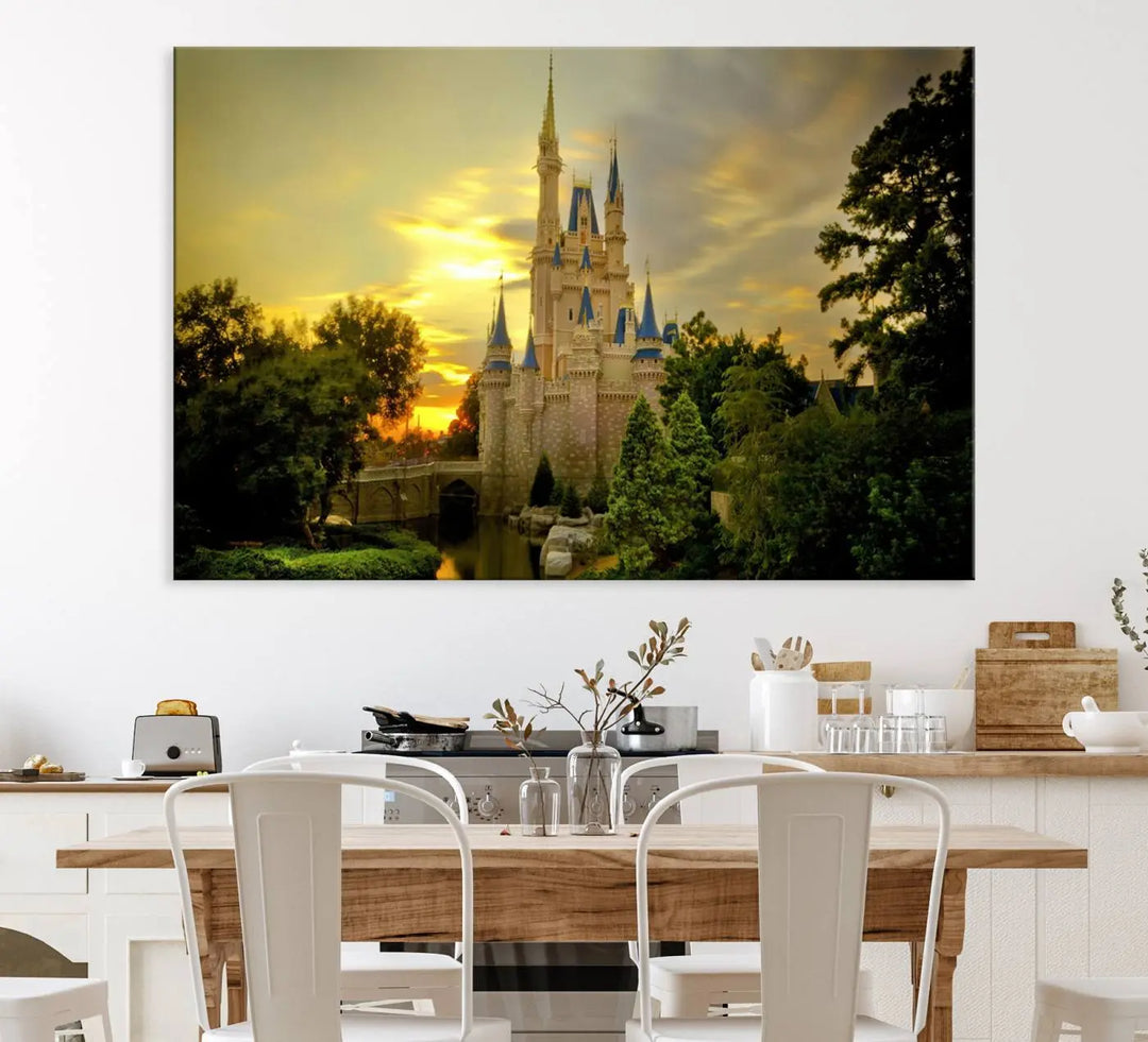 A Castle Wall Art Print of a fairytale castle sunset on canvas is mounted on the wall.