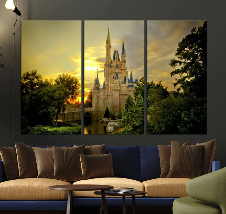 A Castle Wall Art Print of a fairytale castle sunset on canvas is mounted on the wall.