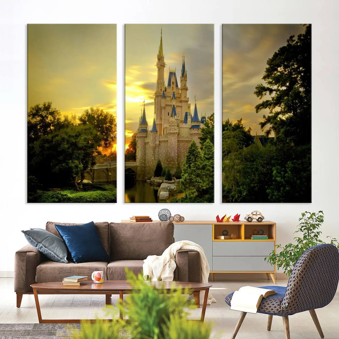 A Castle Wall Art Print of a fairytale castle sunset on canvas is mounted on the wall.