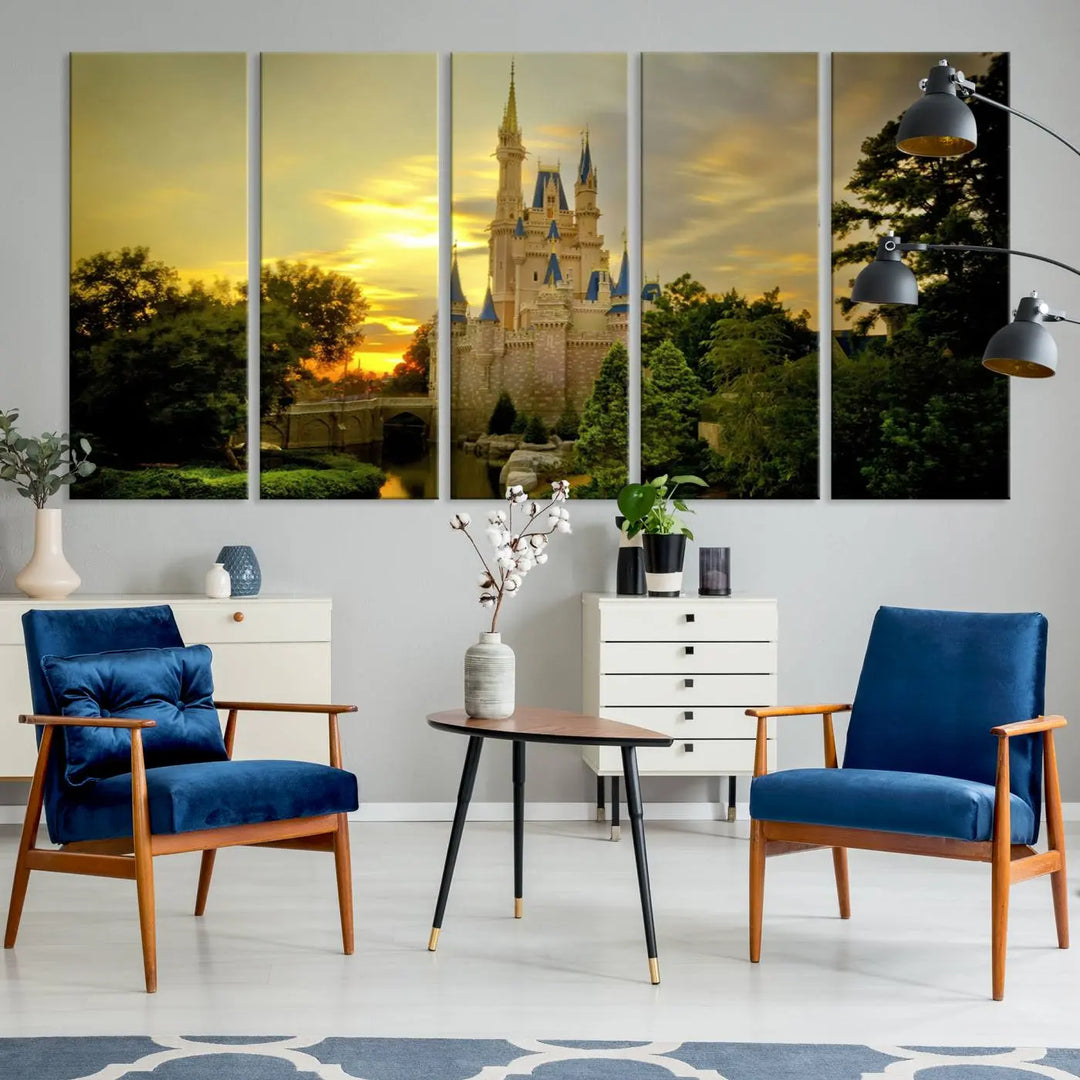 A Castle Wall Art Print of a fairytale castle sunset on canvas is mounted on the wall.