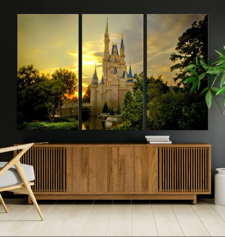 A Castle Wall Art Print of a fairytale castle sunset on canvas is mounted on the wall.