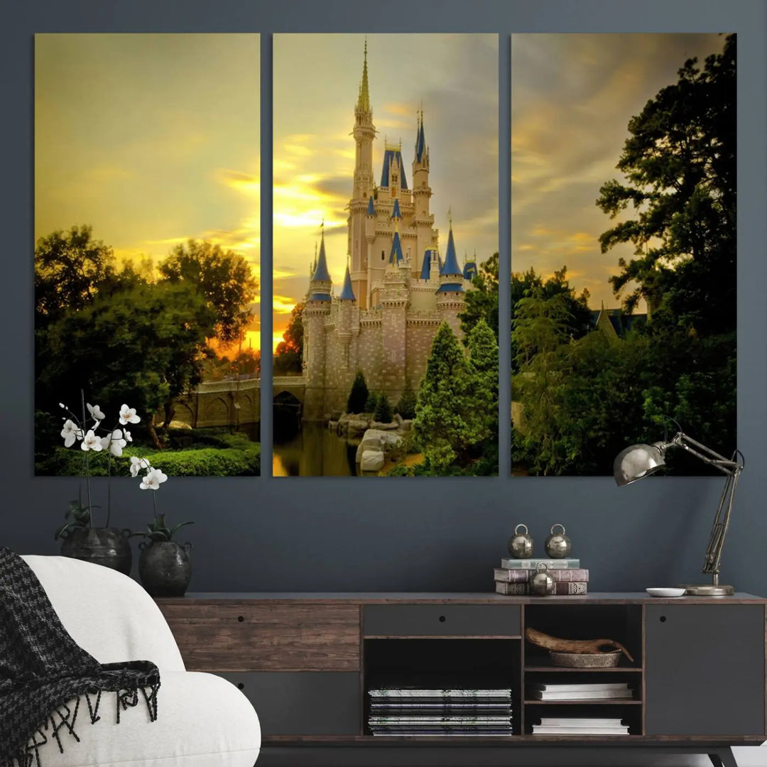 A Castle Wall Art Print of a fairytale castle sunset on canvas is mounted on the wall.