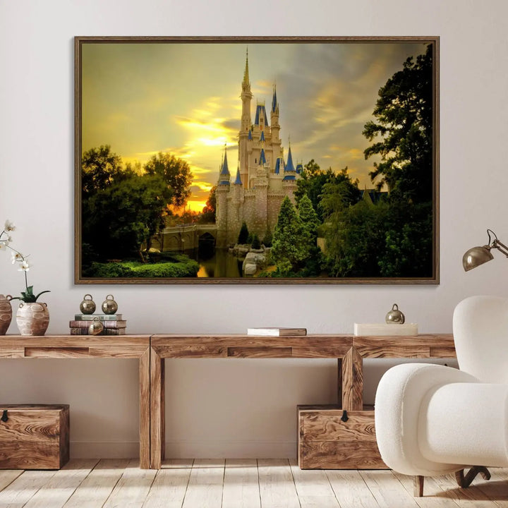 A Castle Wall Art Print of a fairytale castle sunset on canvas is mounted on the wall.