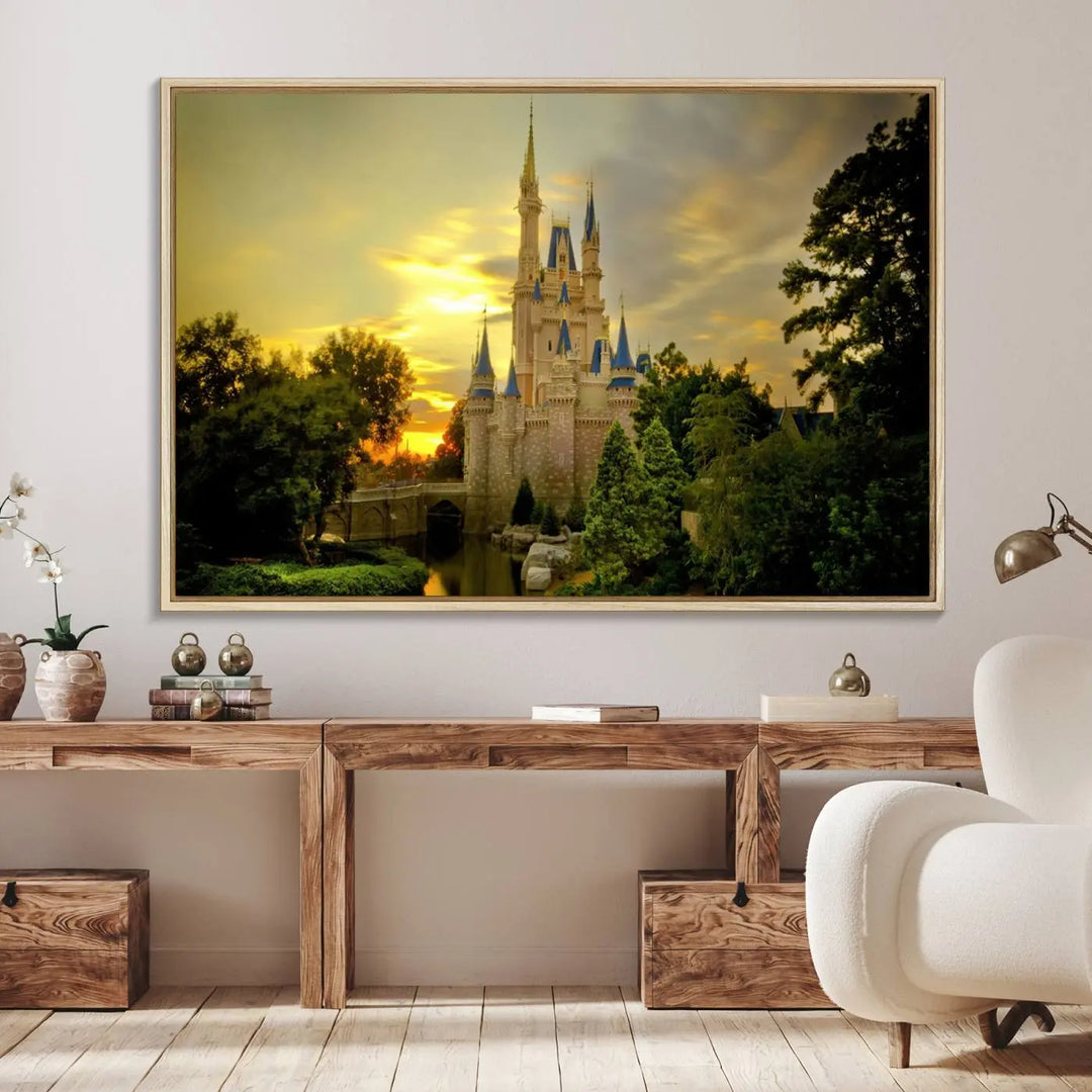 A Castle Wall Art Print of a fairytale castle sunset on canvas is mounted on the wall.